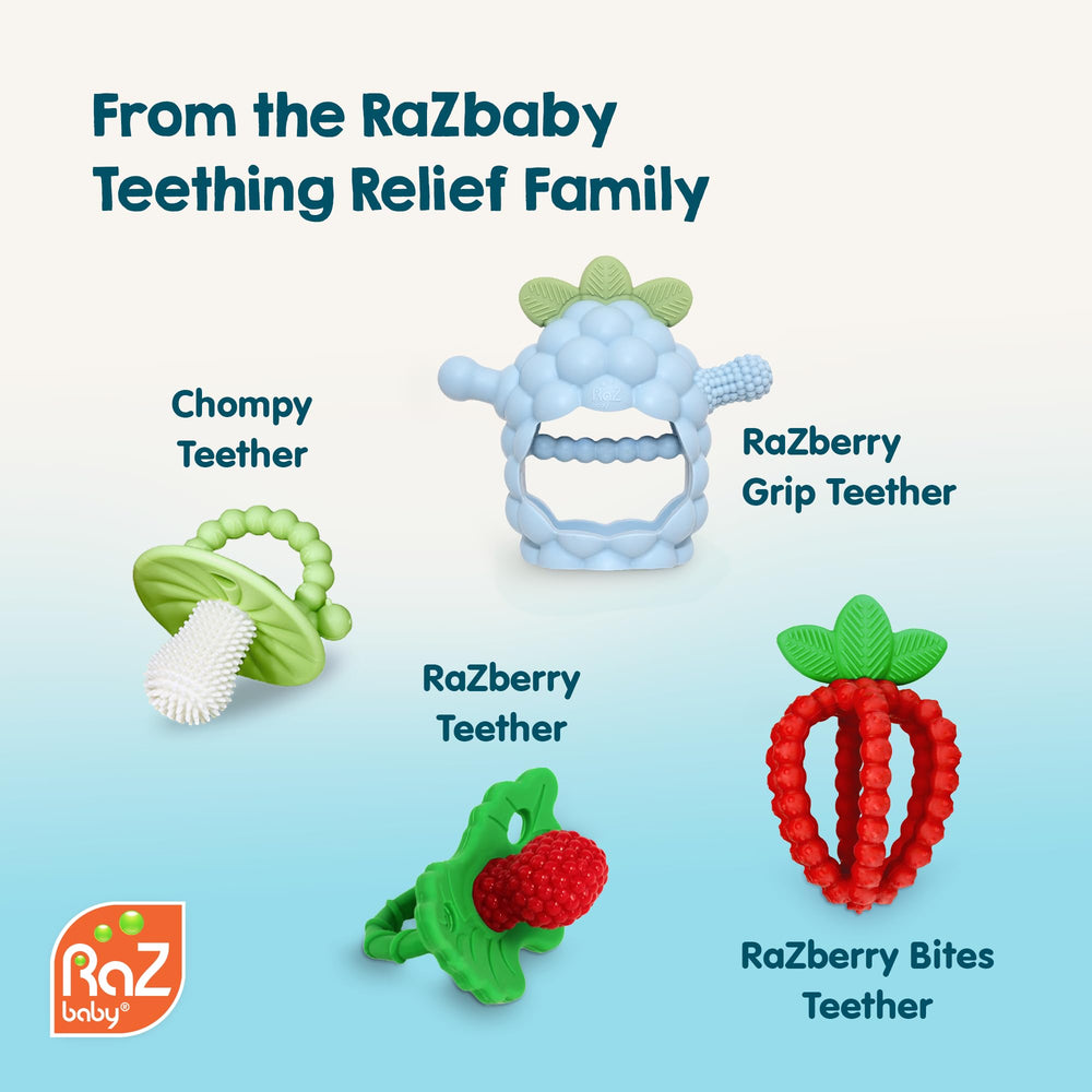 RaZbaby RaZberry Grip teether comfortable mitten shape for cozy grip.