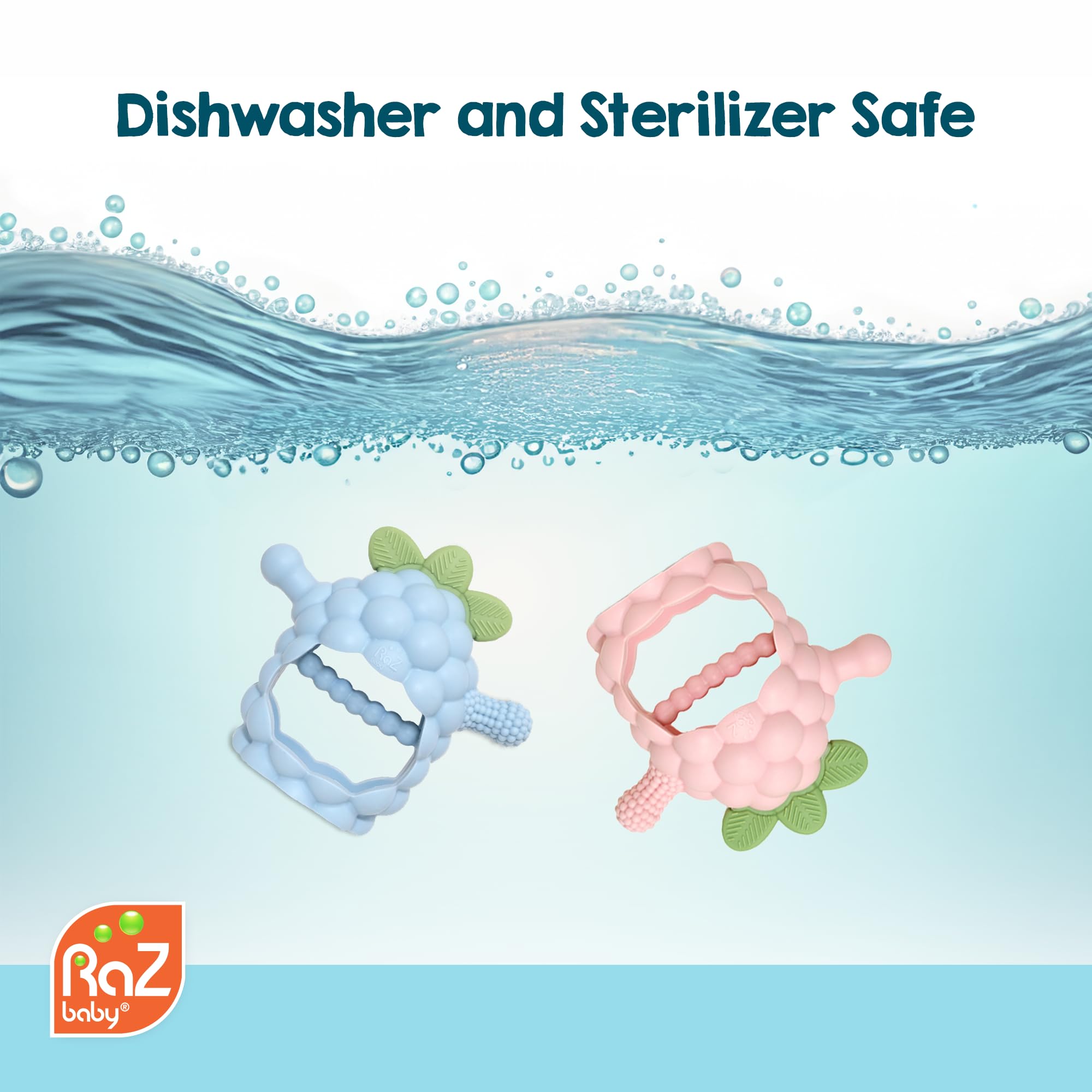 RaZbaby RaZberry Grip teether easy-clean, boil-friendly for quick sanitizing.