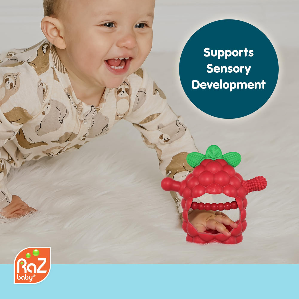 RaZbaby RaZberry Grip teether hollow grip aids grasp for small hands.