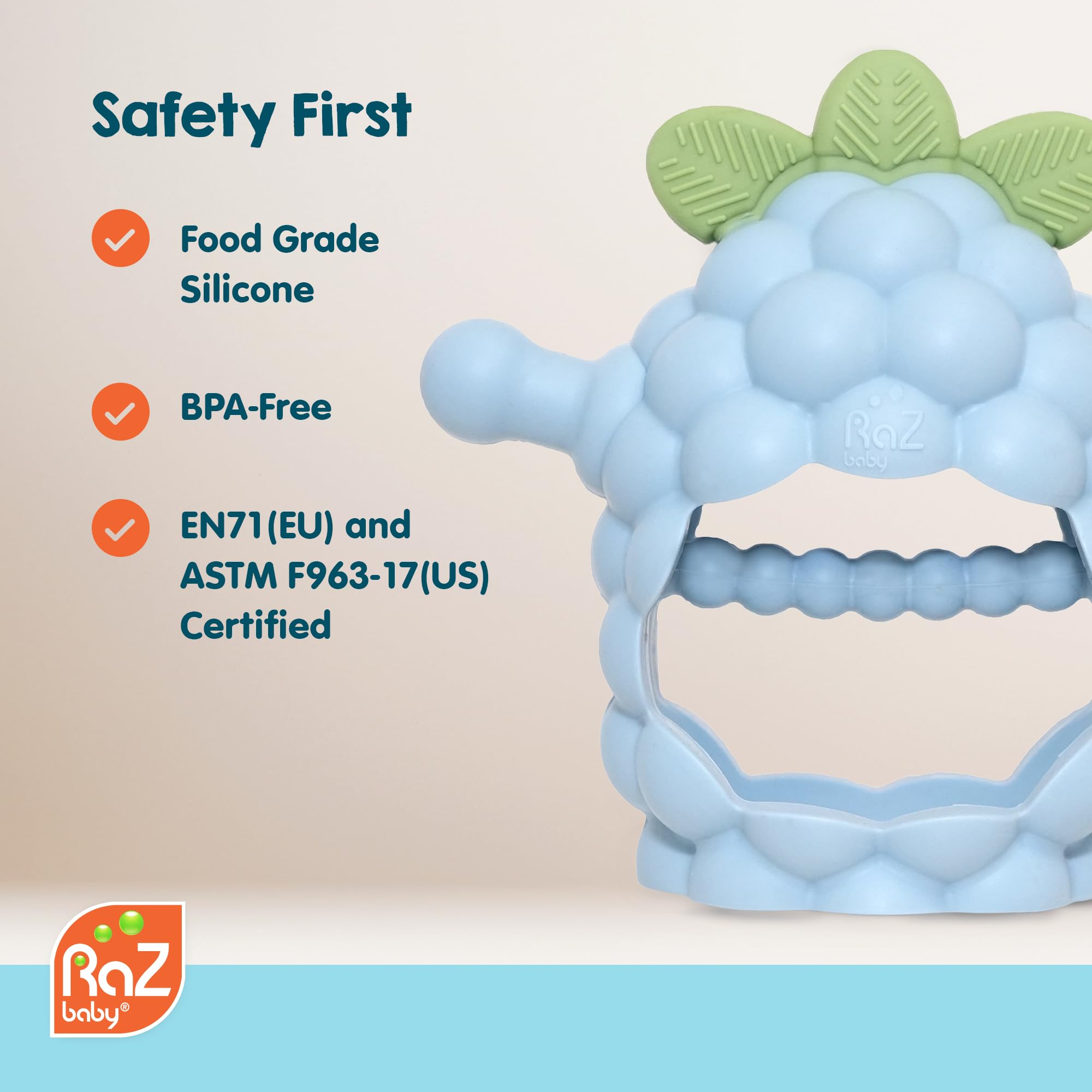 RaZbaby RaZberry Grip teether one-piece design reduces choking risk.