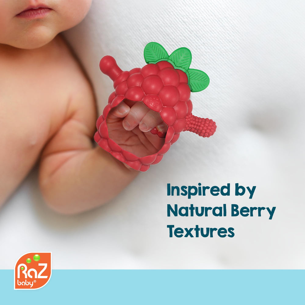 RaZbaby RaZberry Grip teether red color for visual engagement.