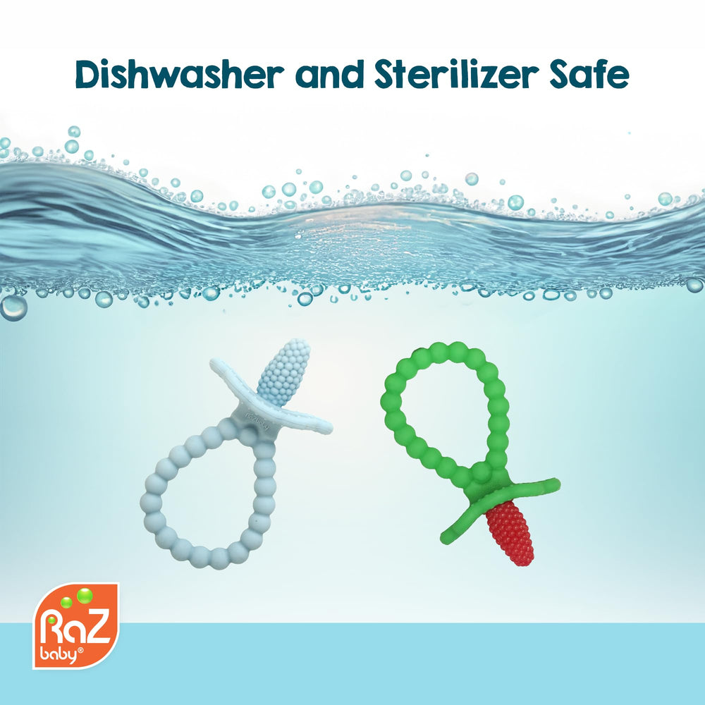 RaZbaby RaZberry Plus teether is dishwasher-safe for easy cleaning