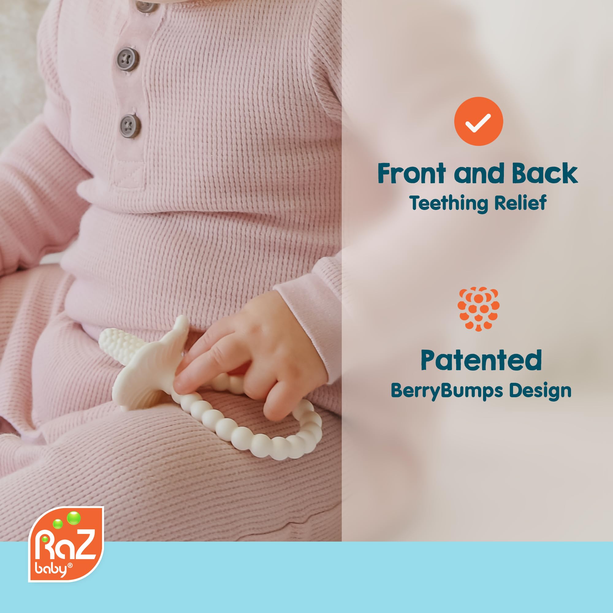 RaZbaby RaZberry Plus teether demonstrates front and back gum relief