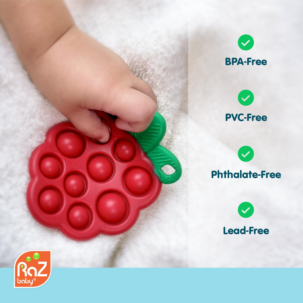 RaZbaby Razberry Pop teether labeled BPA-free for safe chewing