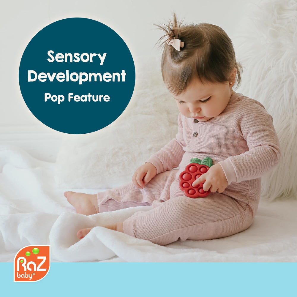 RaZbaby Razberry Pop teether can be chilled for cooling teething relief