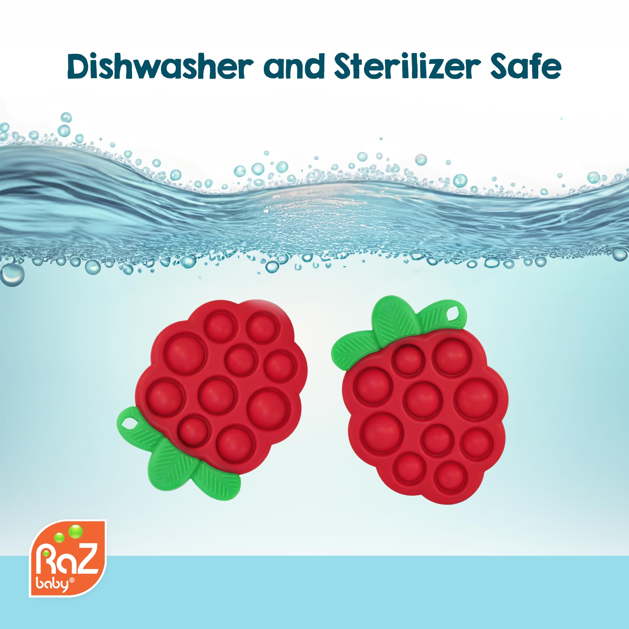 RaZbaby Razberry Pop teether is dishwasher-safe for easy cleaning