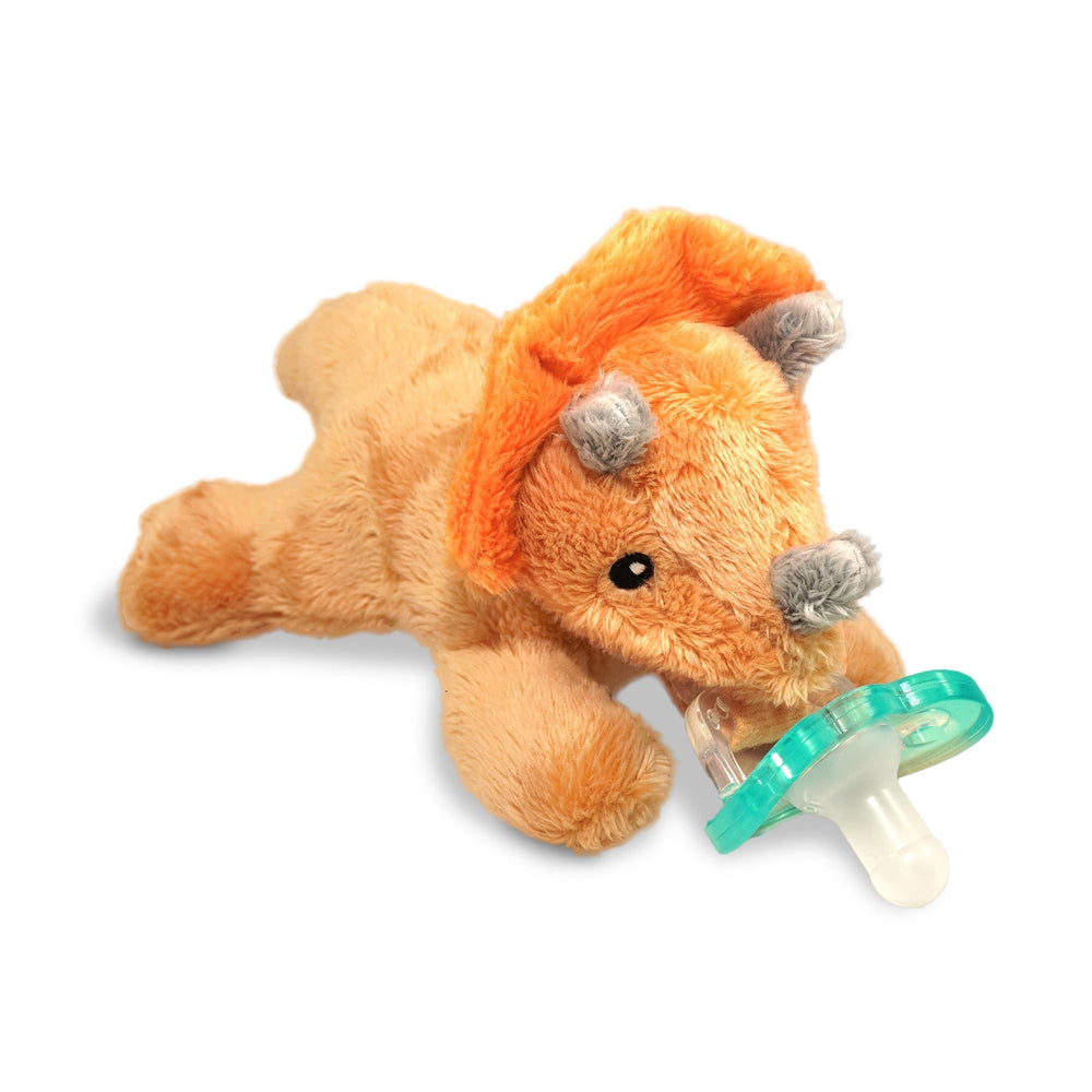 RaZbaby RaZbuddy Triceratops plush pacifier holder keeps pacifier handy and comforting for newborns.