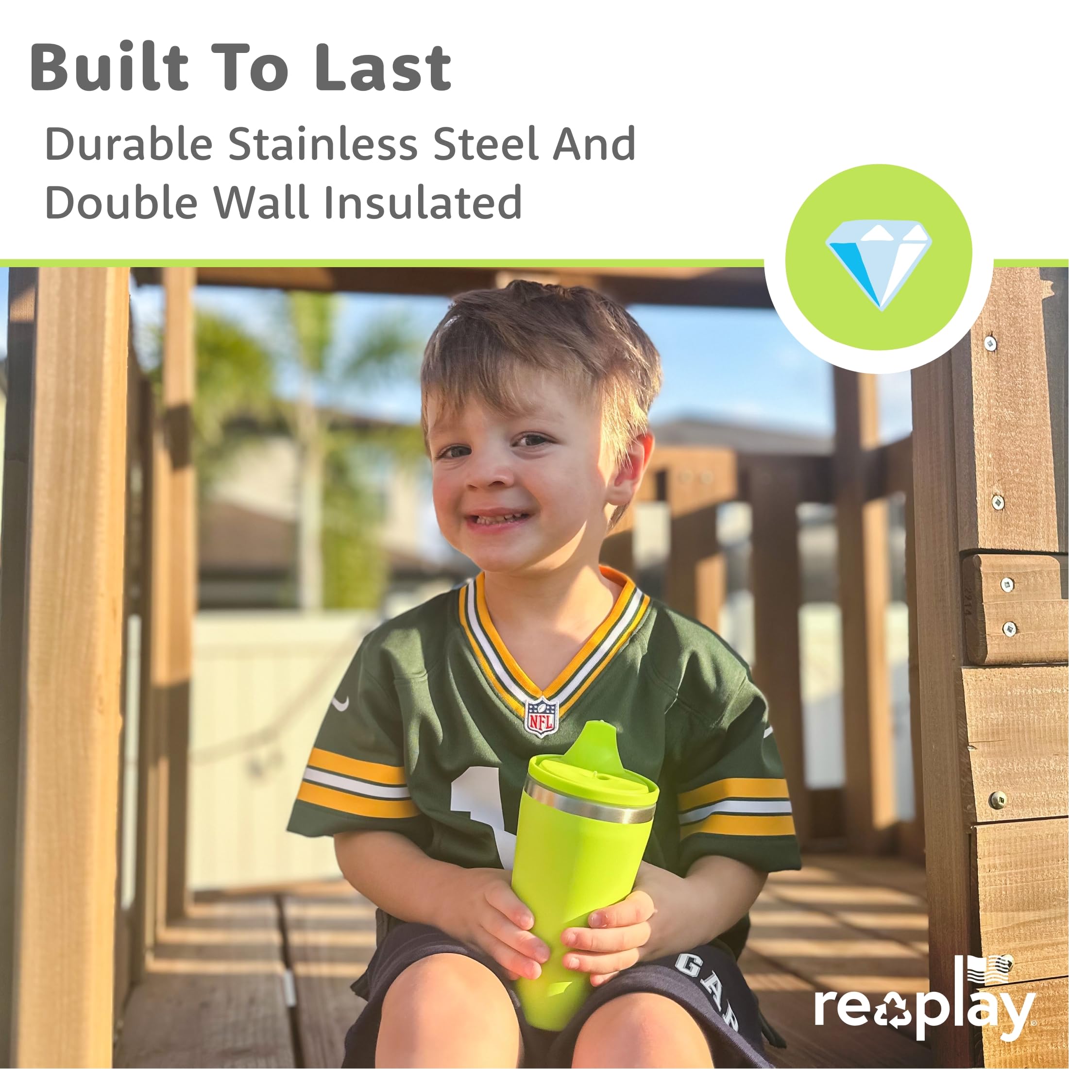 Re-Play BPA/BPS-free stainless steel cup supports safe playtime.