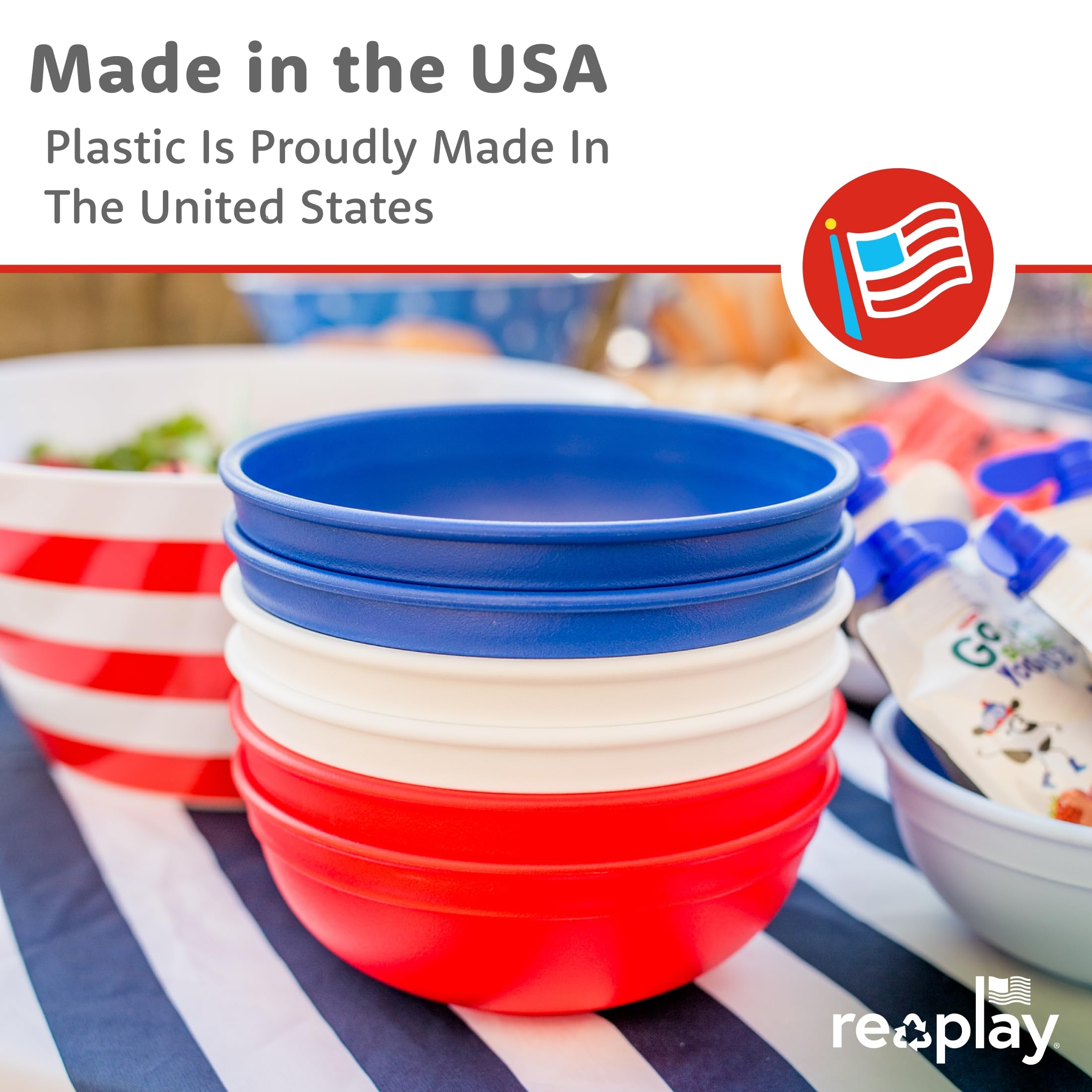 Re-Play dishwasher-safe bowls close-up, easy cleanup after meals.
