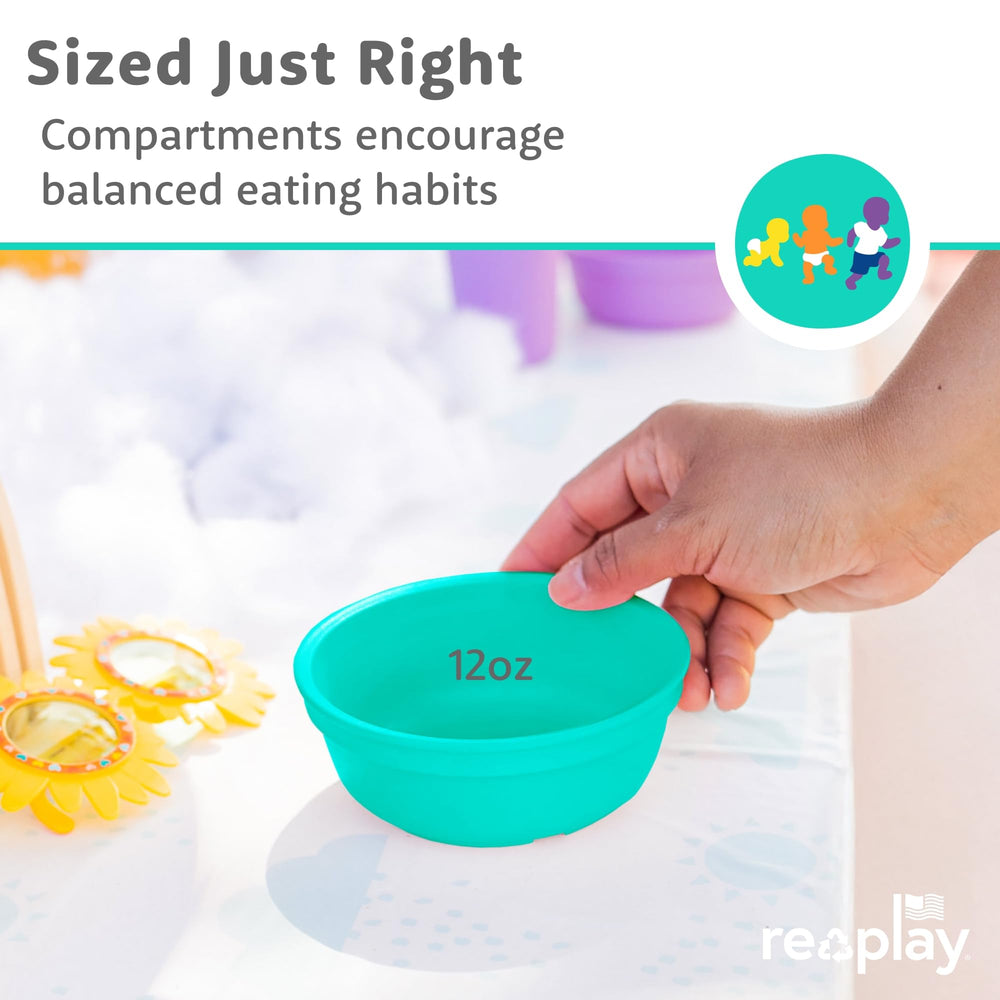 Re-Play sea-glass bowls pair with kids' favorite foods for daily family dining.