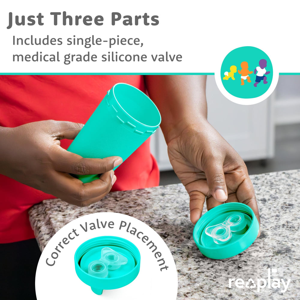 Re-Play green and blue cups show kid-friendly size for little hands.