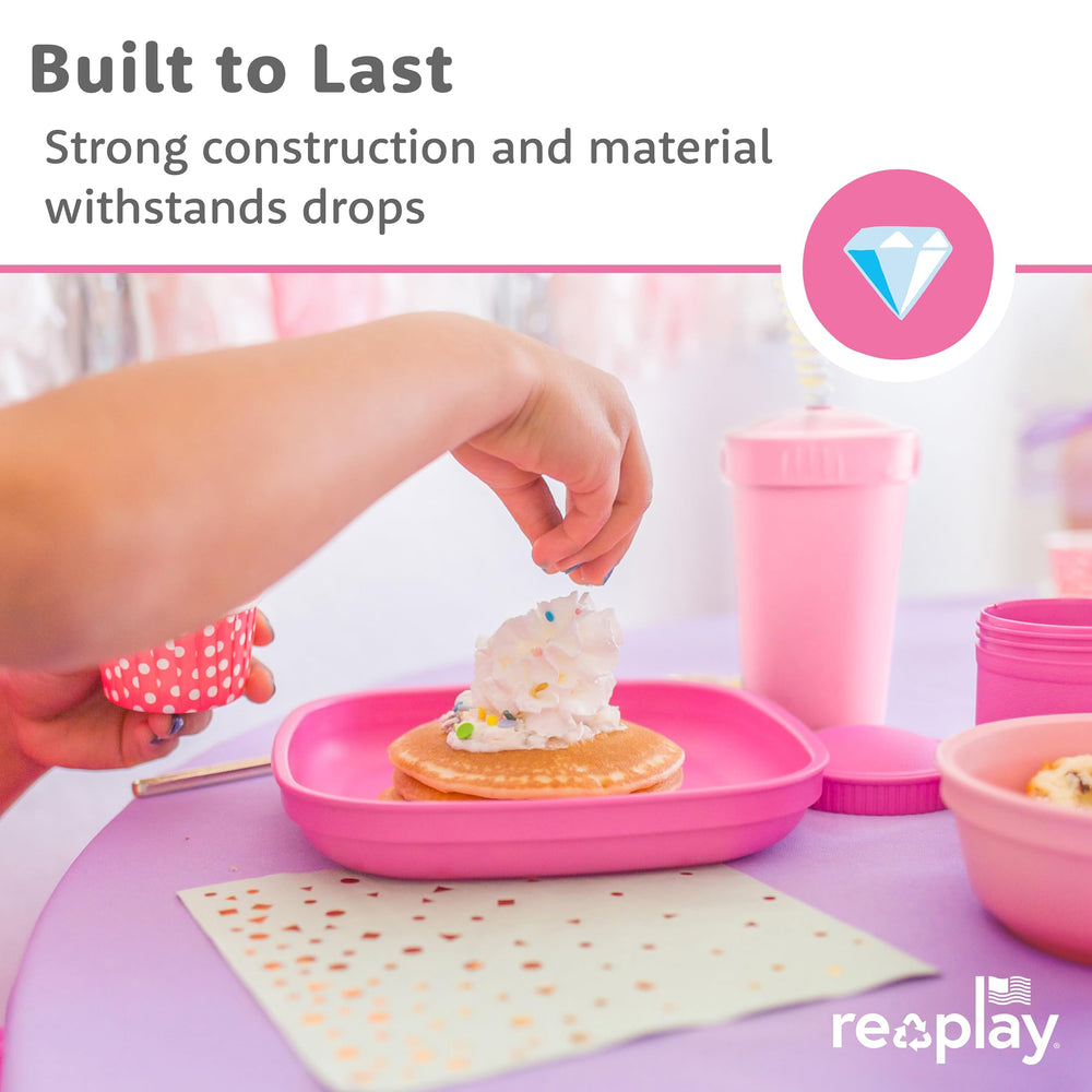 Re-Play stackable kid plates in true blue save cabinet space.