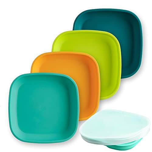 Re-Play toddler plates with deep-walled 22oz aqua finish for easy scooping.
