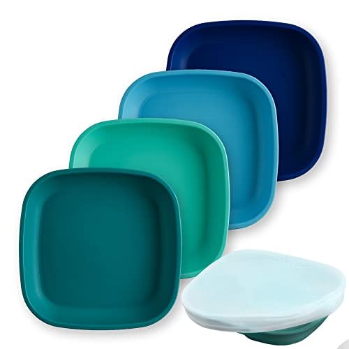 Re-Play toddler plates with deep-walled blue plate keep meals contained and scooping easy.