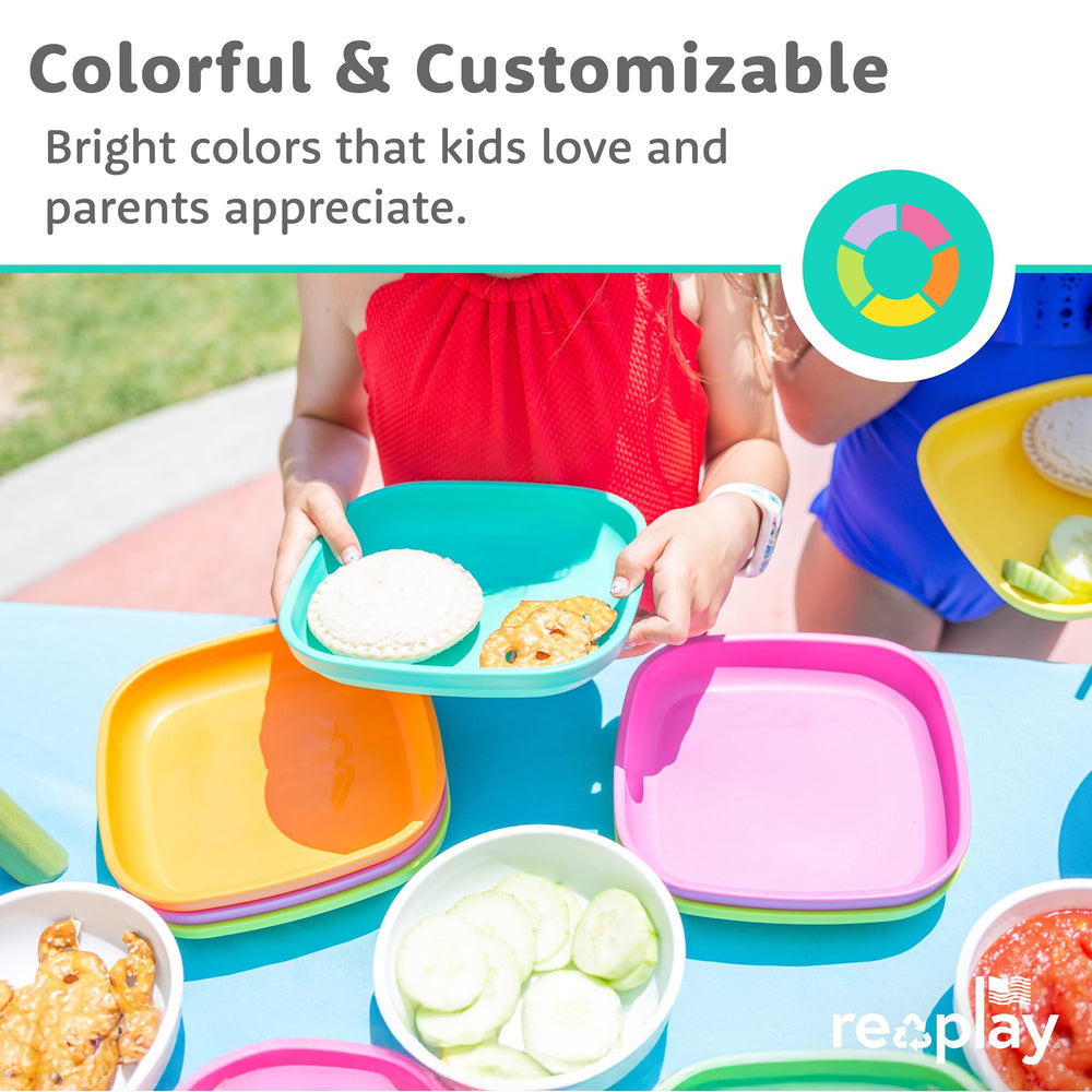 Re-Play plates are dishwasher and microwave safe for busy families.