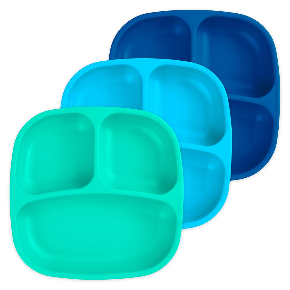 Re-Play Toddler Plates with Dividers front view in blue show durable, kid-friendly design for balanced meals.