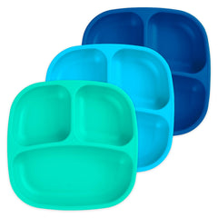 Re-Play Toddler Plates with Dividers front view in blue show durable, kid-friendly design for balanced meals.