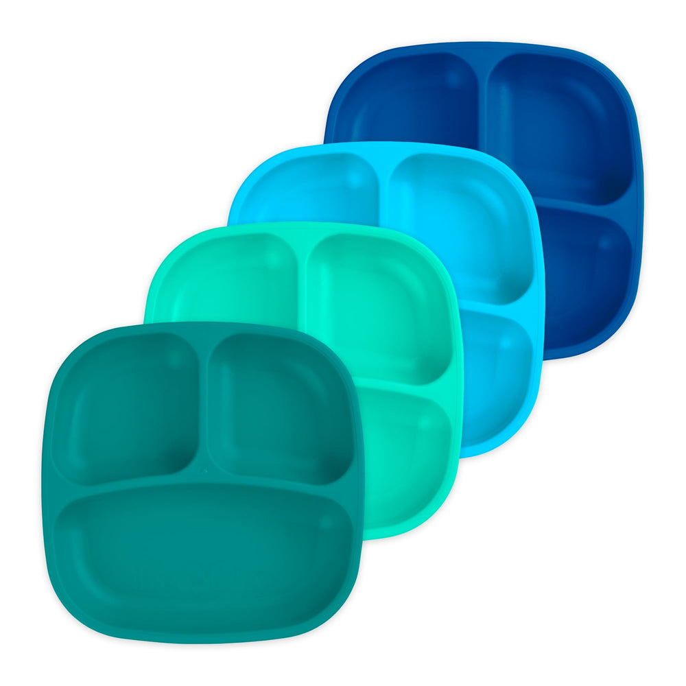 Re-Play True Blue toddler plate with deep-walled design for organized meals.