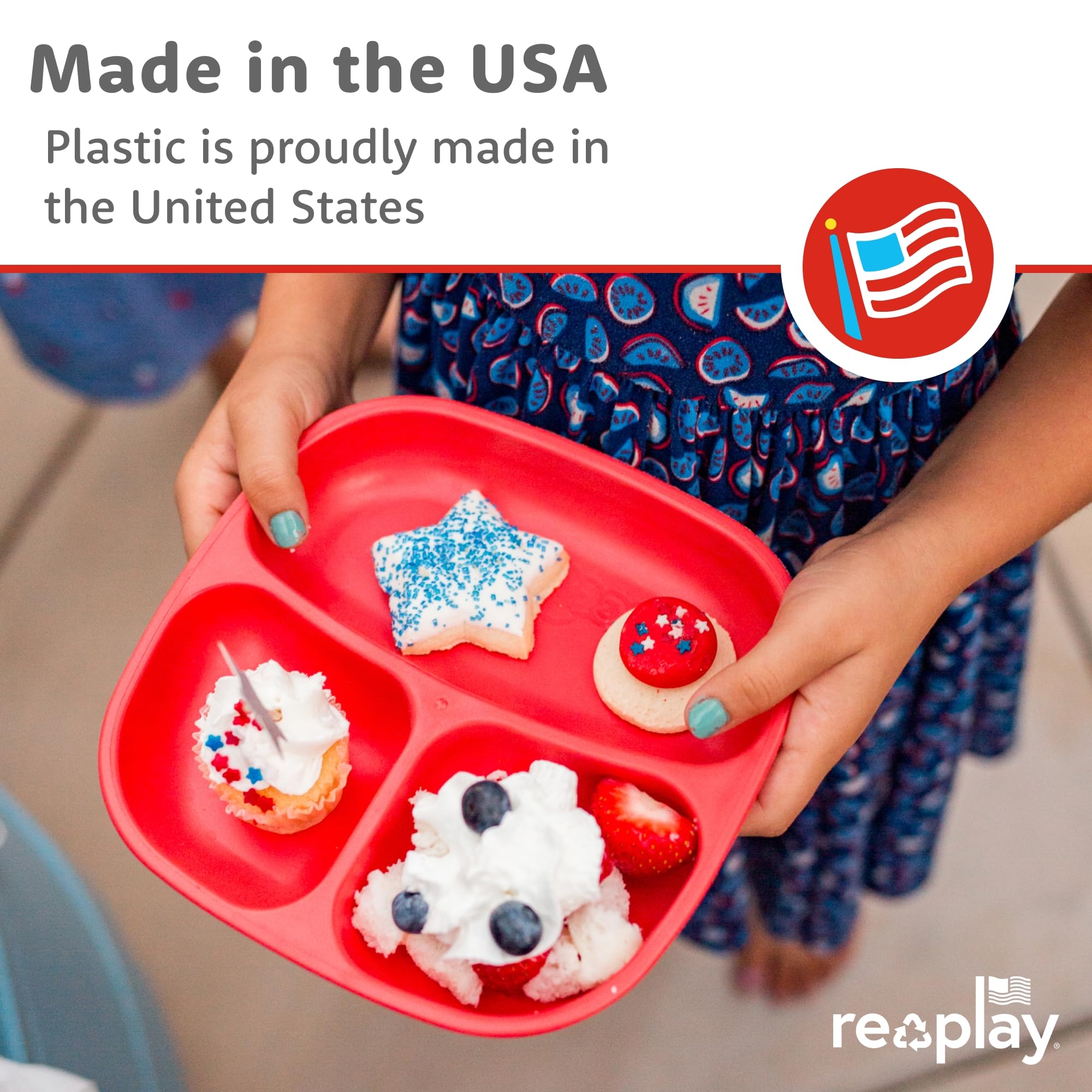 Re-Play True Blue plate is dishwasher-safe for quick cleanups after busy dinners.