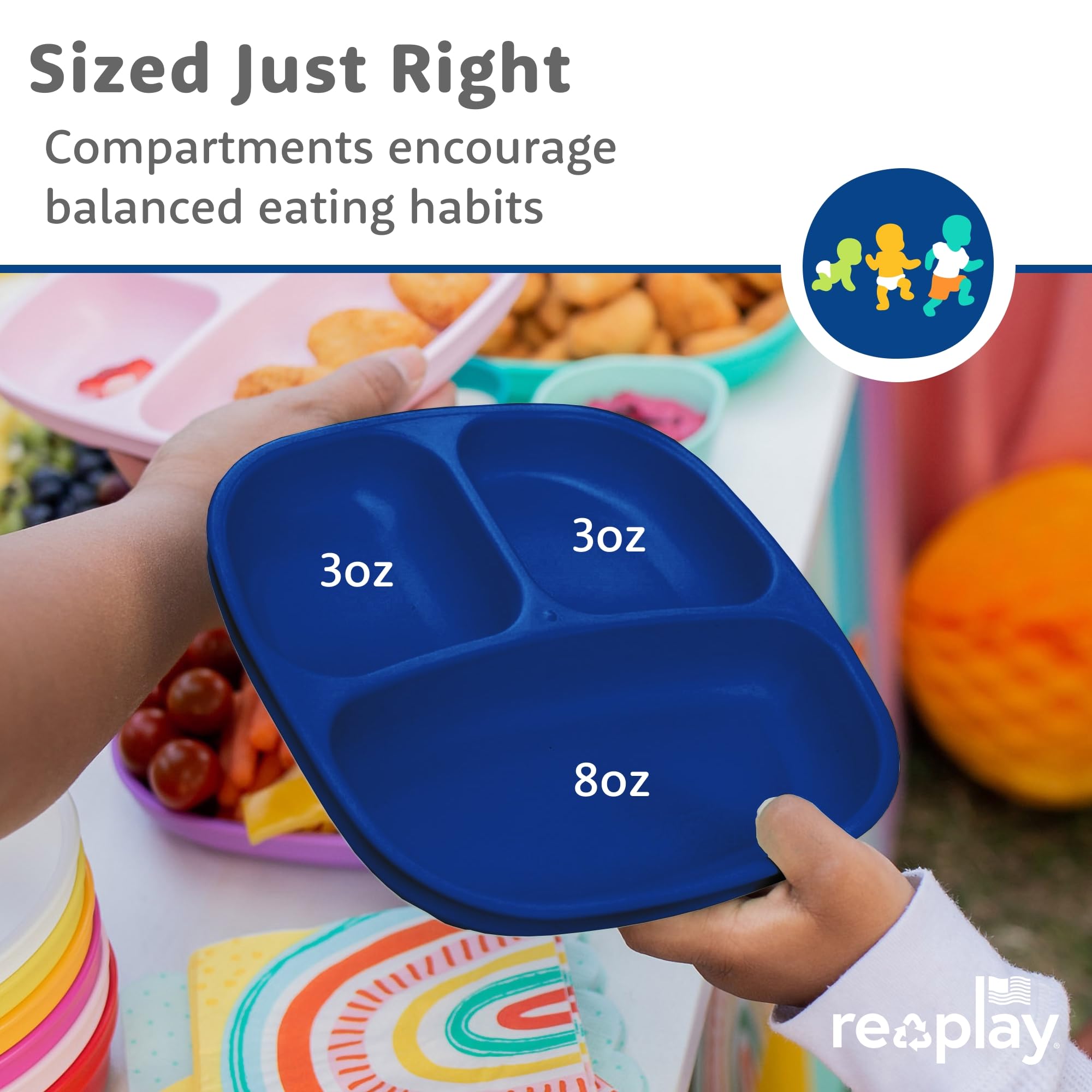 Re-Play True Blue kid-friendly dining plate ideal for meals and snacks.