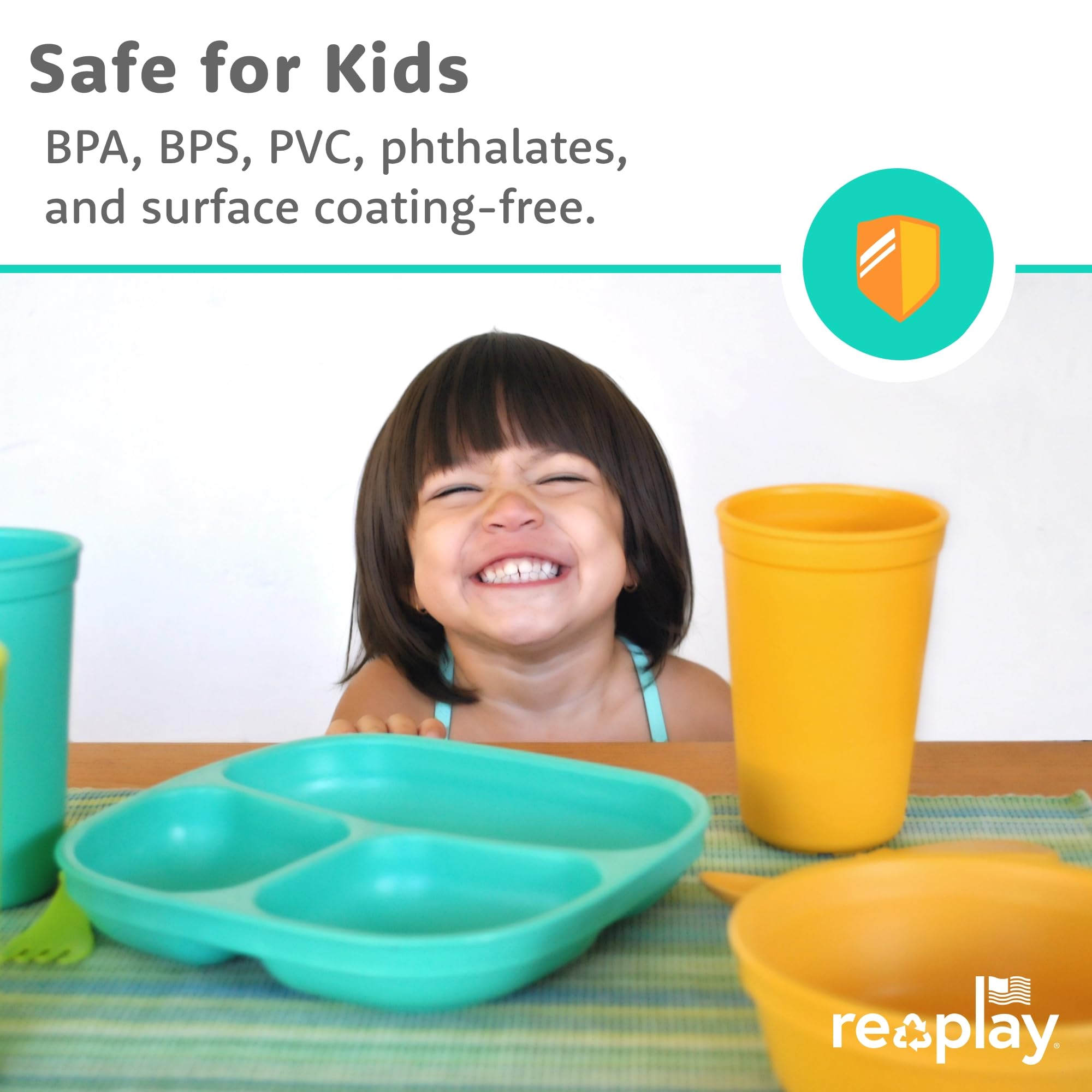 Re-Play True Blue plate is microwave-safe for easy reheating of toddler portions.