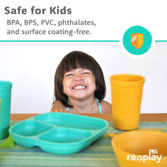Re-Play True Blue plate is microwave-safe for easy reheating of toddler portions.