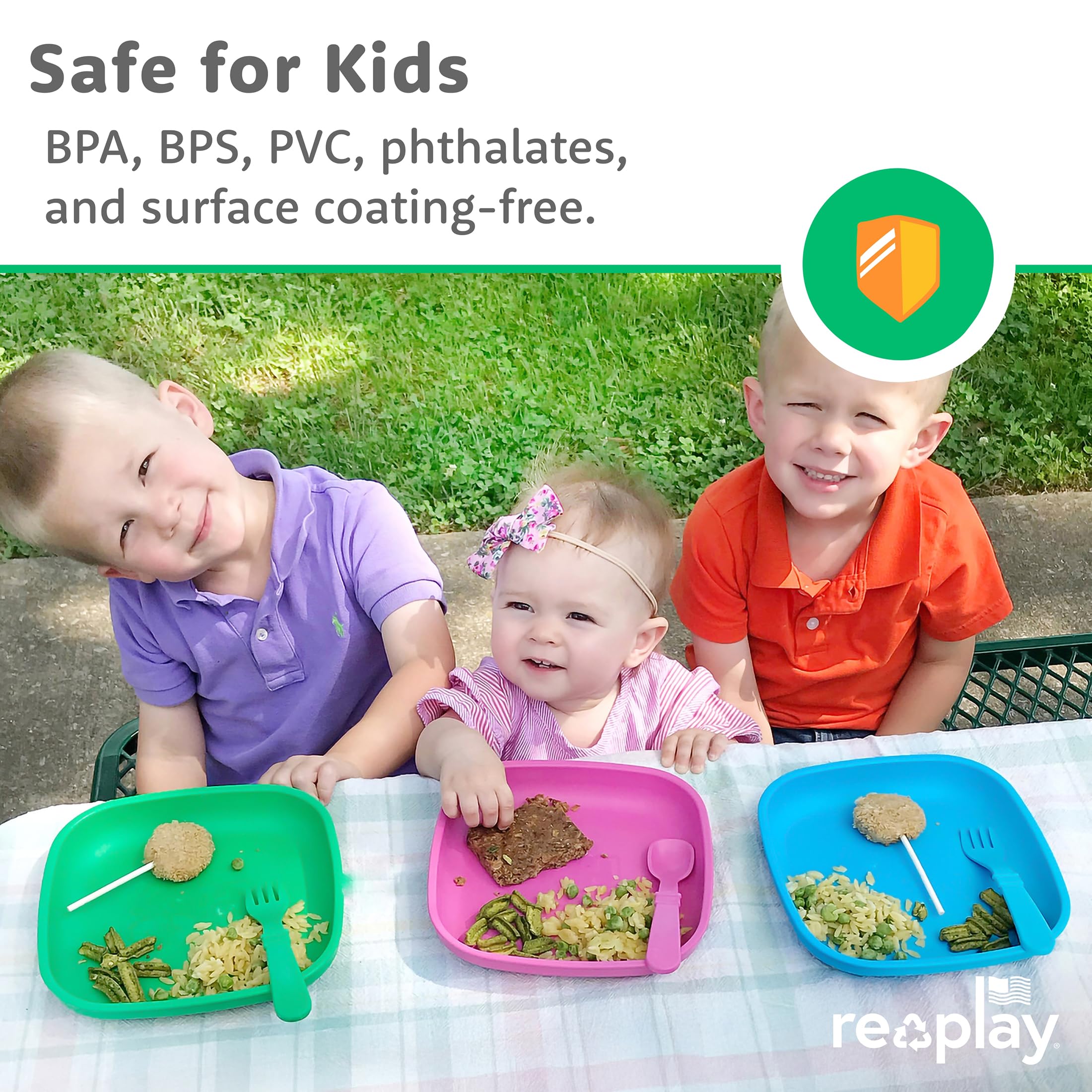 Re-Play toddler plates in blue are microwave safe for reheating kid portions.