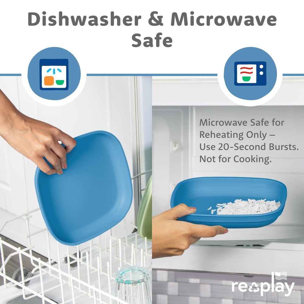 Re-Play blue plates are durable for toddlers' tough handling.