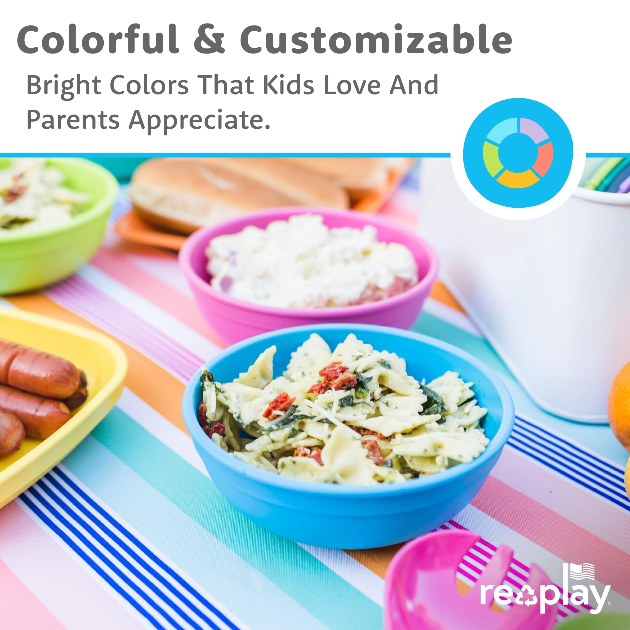Re-Play USA-made bowls, stackable design for compact storage and everyday dining.