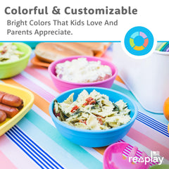Re-Play USA-made bowls, stackable design for compact storage and everyday dining.