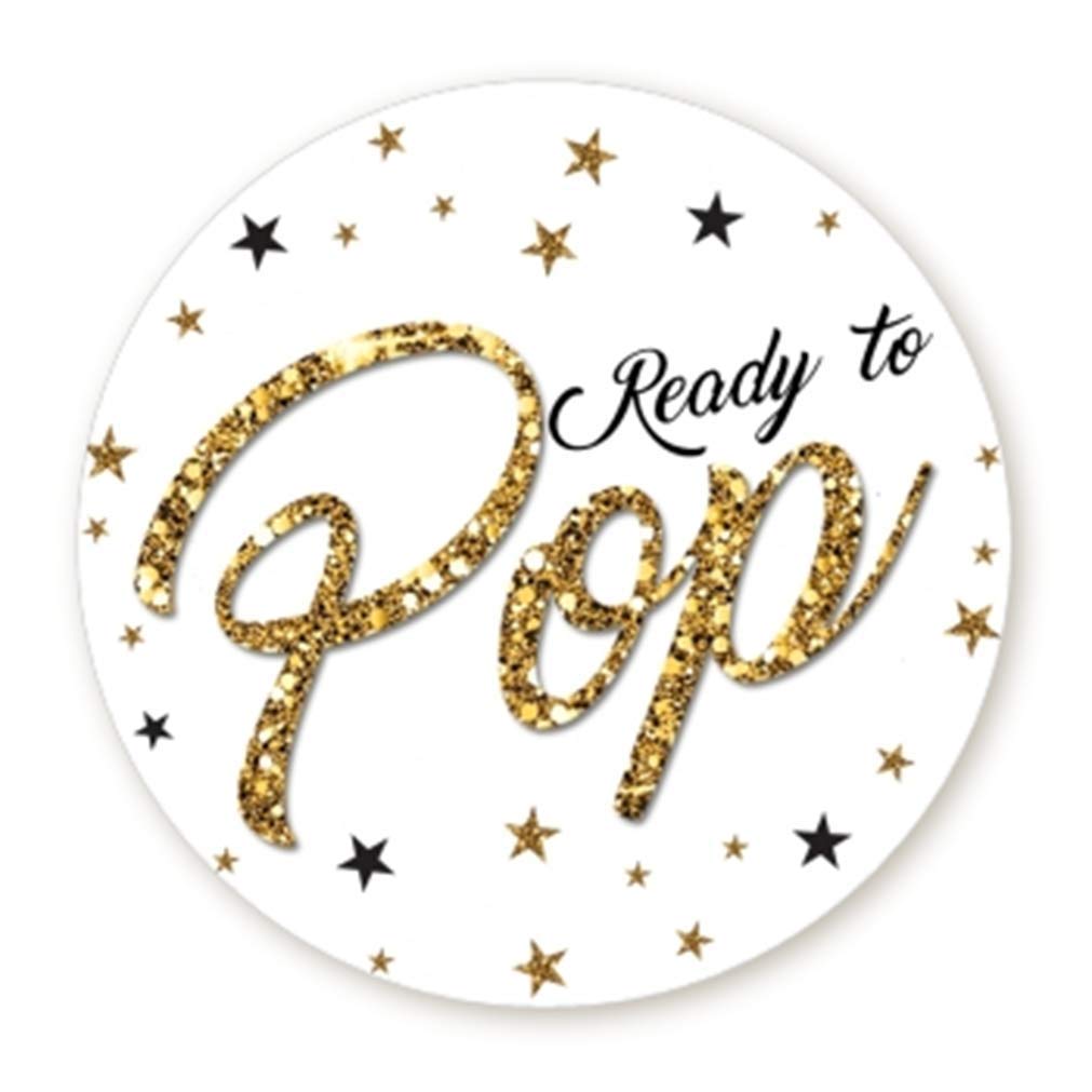 Ready To Pop 2-inch round sticker with faux gold glitter for baby shower favors