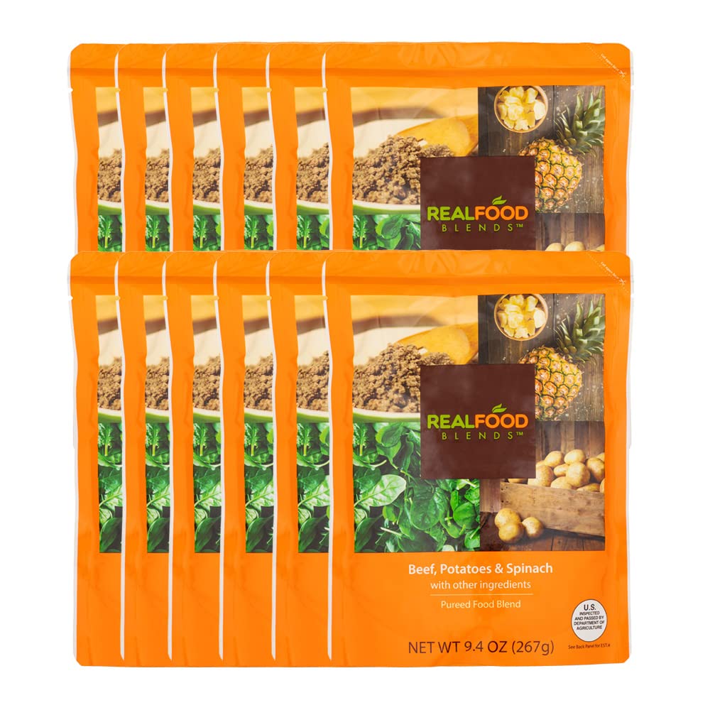 Real Food Blends beef-potatoes-spinach bowl shows smooth puree ideal for tube feeding