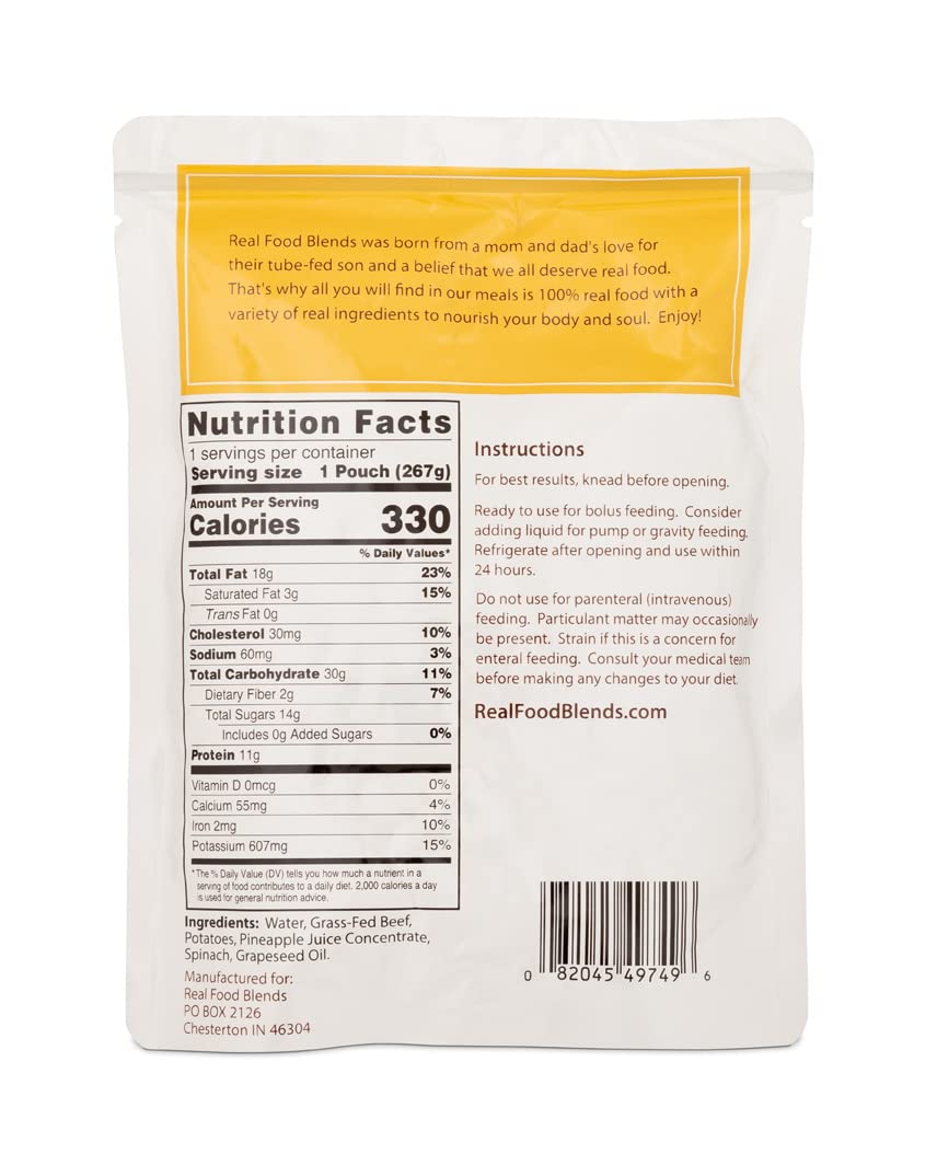 Real Food Blends ingredients banner emphasizes beef, potatoes, spinach in a real-food blend