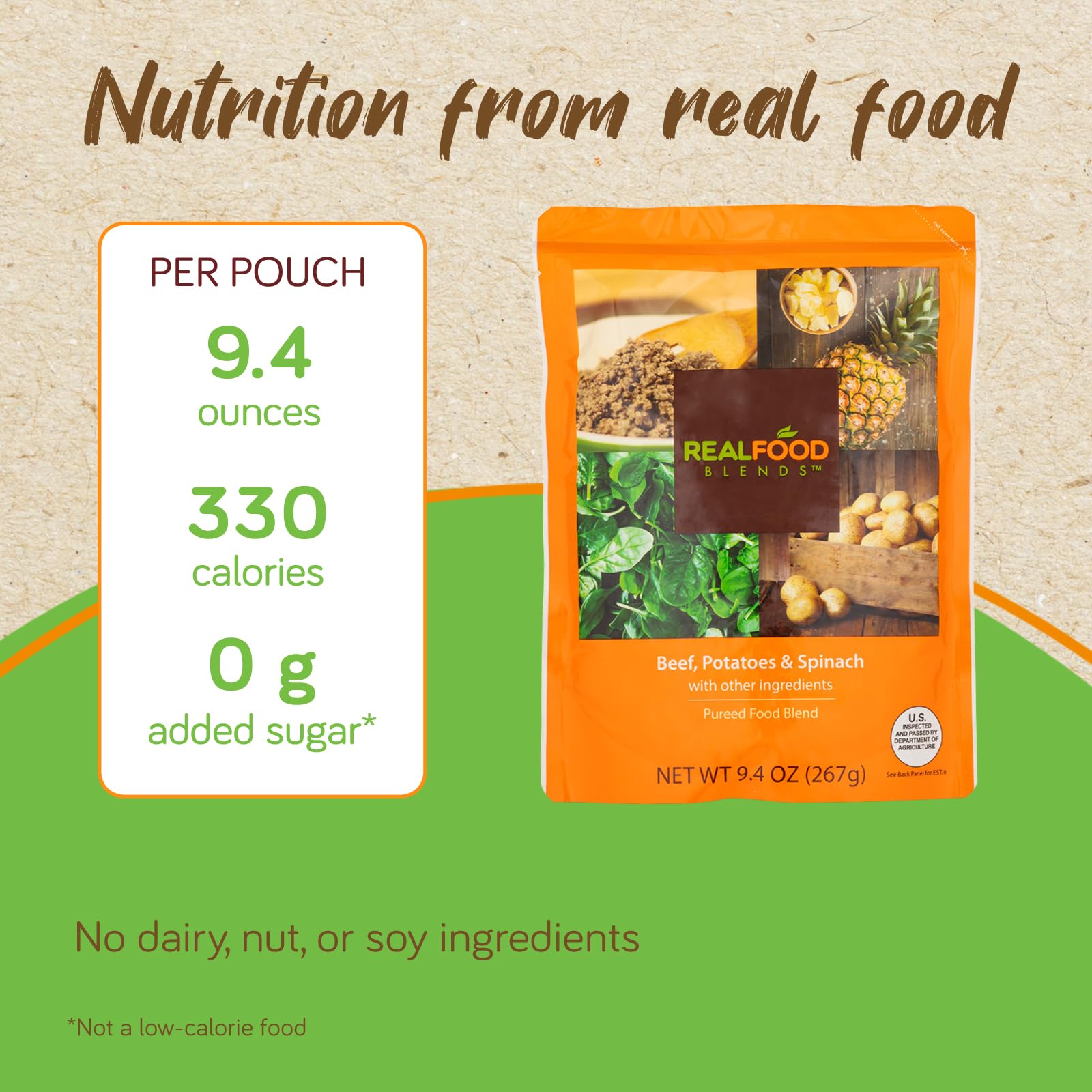 Real Food Blends nutrition-label image highlights no added salt and pure real ingredients