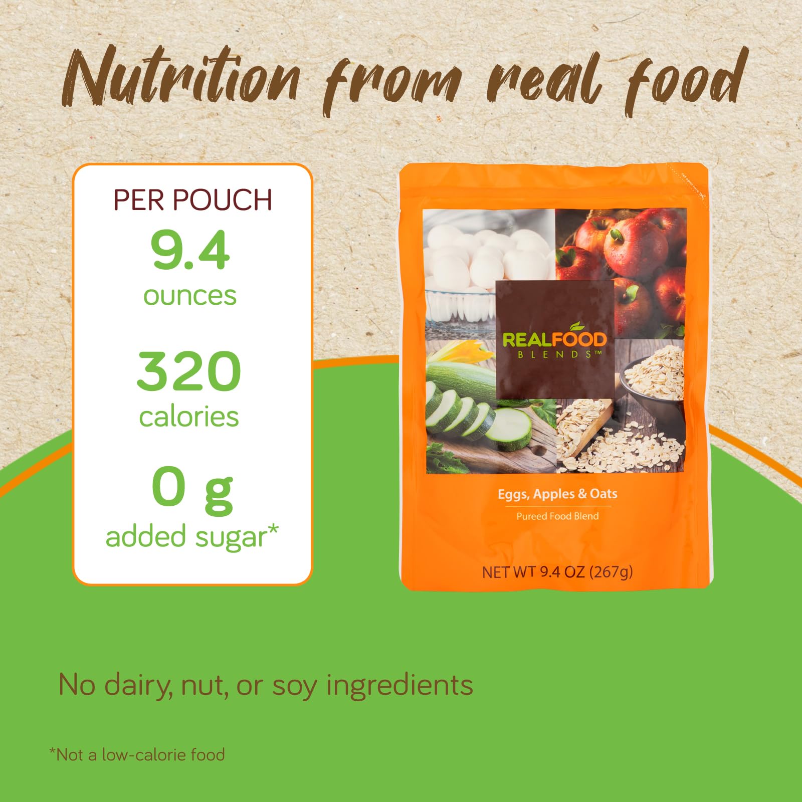 Real Food Blends shelf-stable 9.4 oz packaging on a counter.