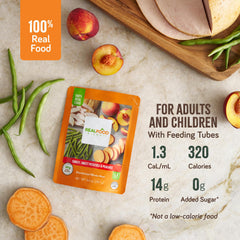Real Food Blends puree ingredients show turkey, sweet potatoes, peaches and greens.