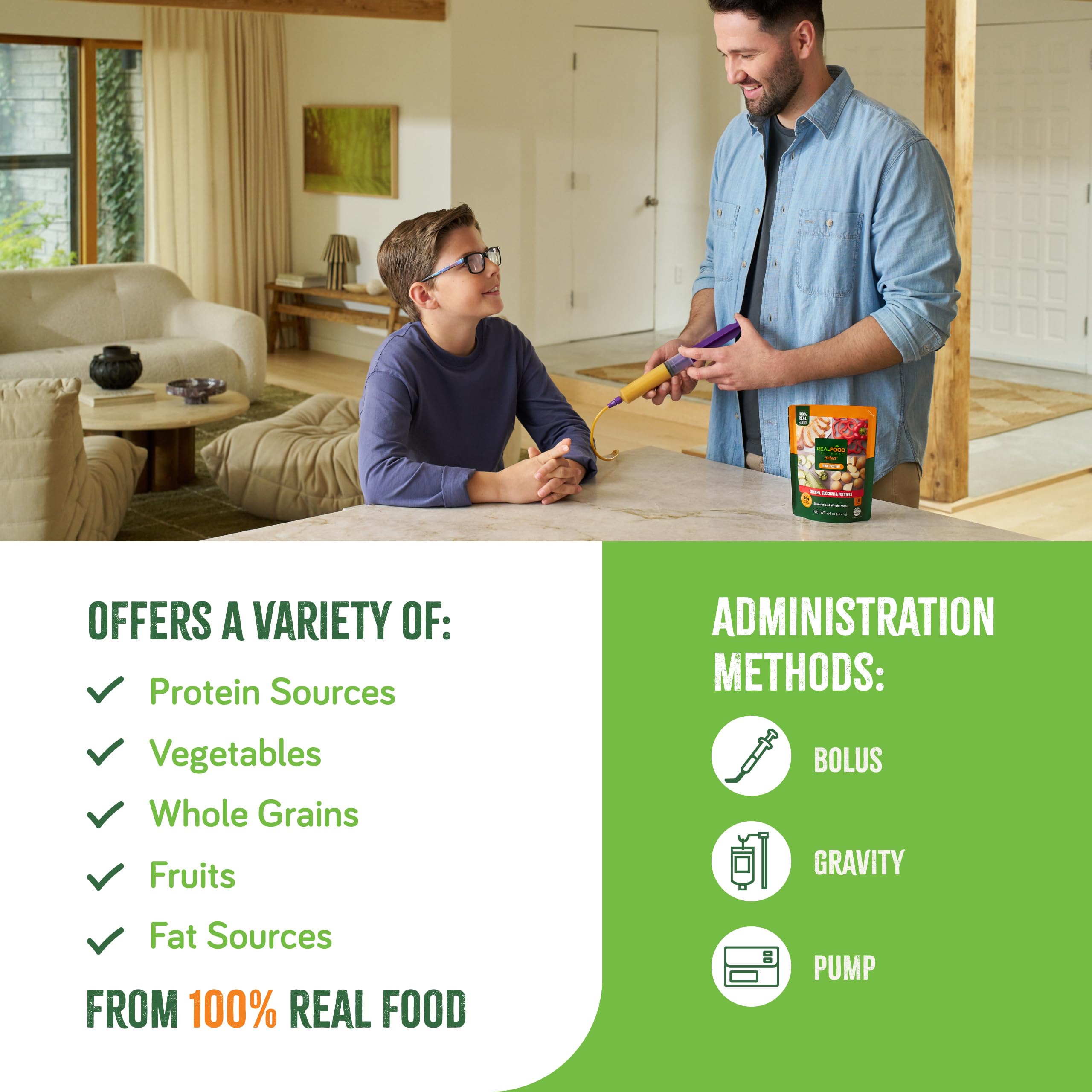 Pouch packaging and puree appearance for convenient tube feeding on the go.