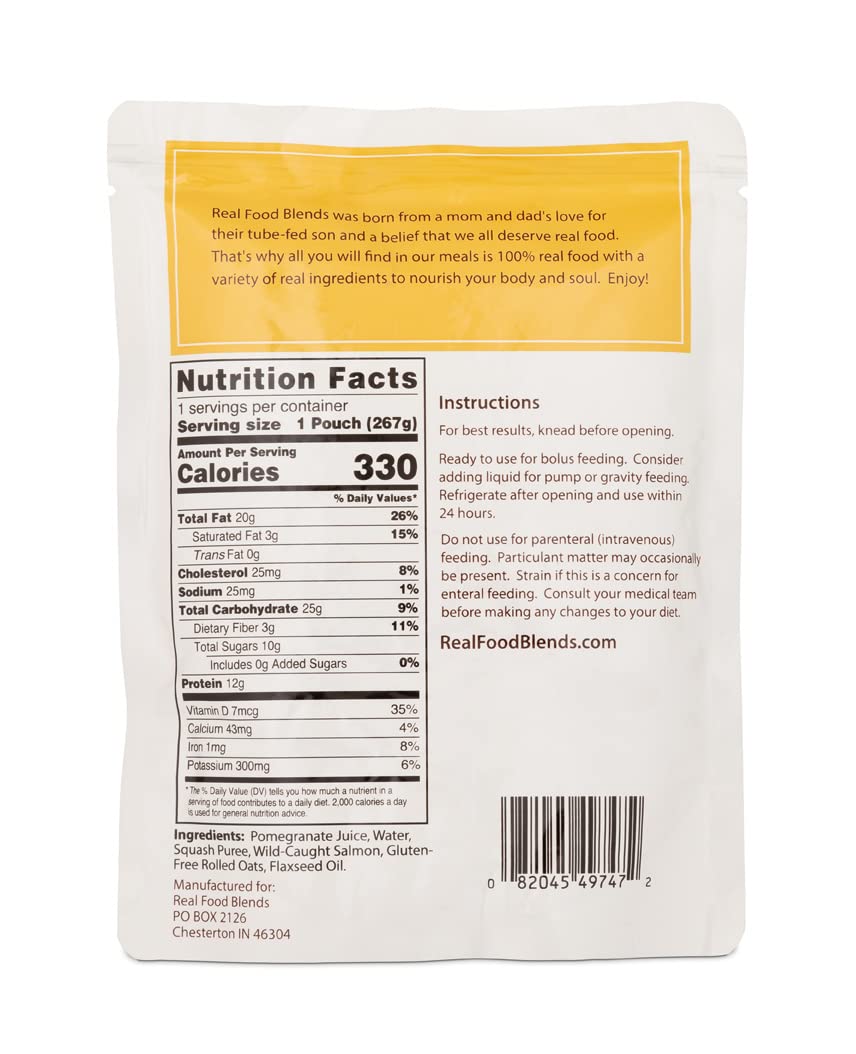 Real Food Blends Salmon, Oats and Squash ingredients shot features salmon, oats, squash and fruit