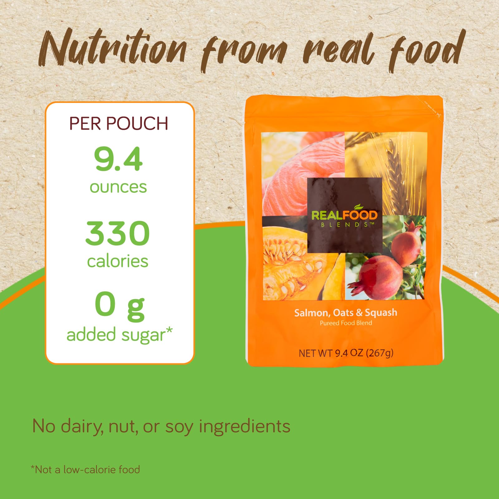 Real Food Blends Salmon, Oats and Squash olive oil gloss on surface signals healthy fats