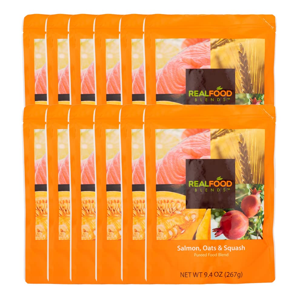 Real Food Blends Salmon, Oats and Squash packaging highlights shelf-stable puree for tube feeding
