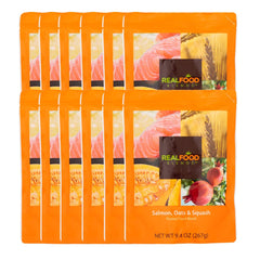 Real Food Blends Salmon, Oats and Squash packaging highlights shelf-stable puree for tube feeding
