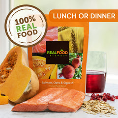 Real Food Blends Salmon, Oats and Squash pureed meal bowl showing creamy texture and nutrition
