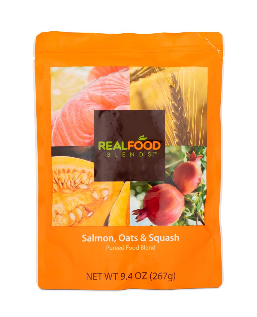 Real Food Blends Salmon, Oats and Squash closeup shows salmon flakes and real ingredients