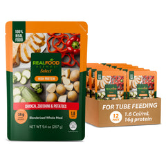 Real Food Blends Select Chicken Zucchini Potatoes puree in a pouch for tube feeding.