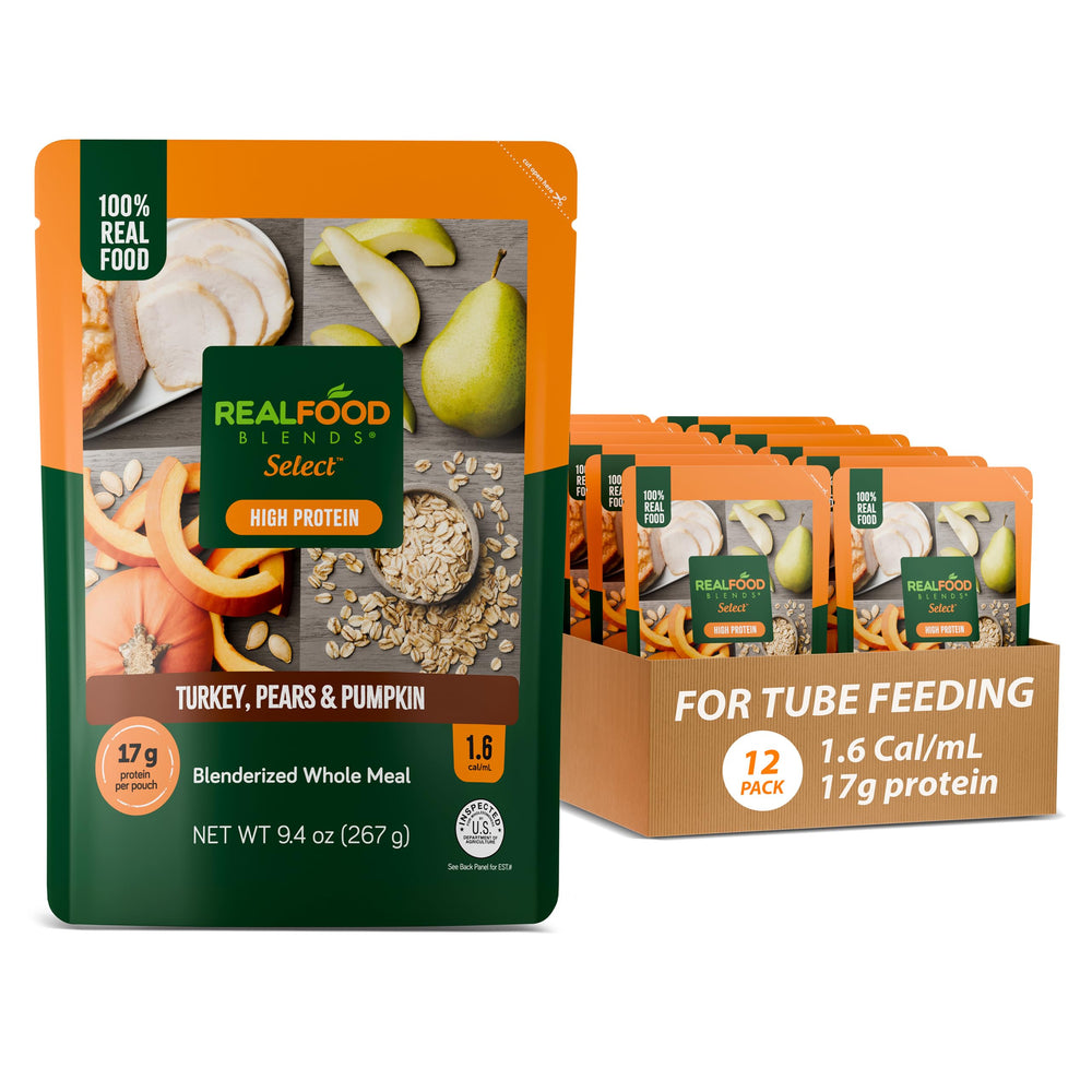 Real Food Blends Select pouch front shows convenient tube feeding