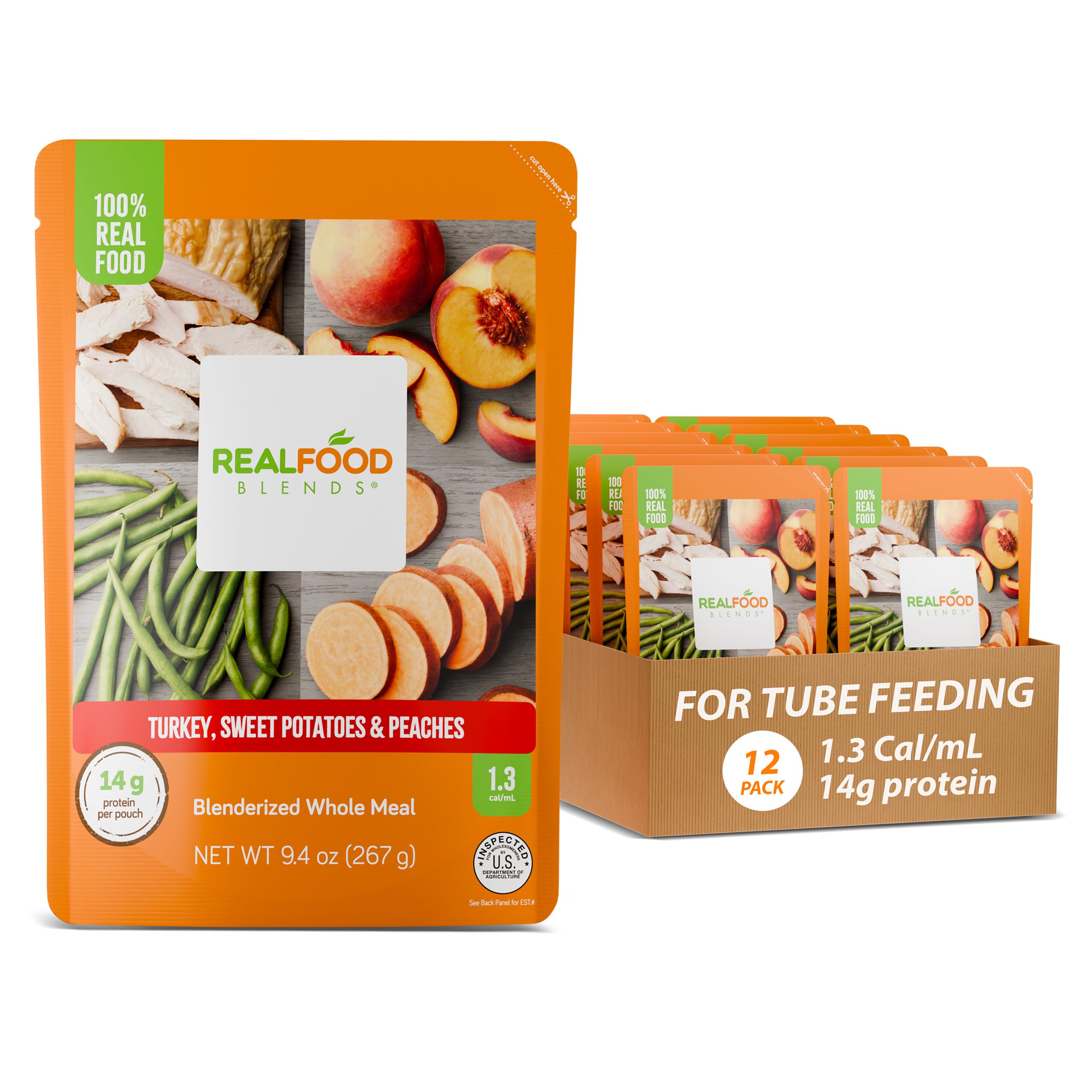 Real Food Blends turkey-sweet-potatoes-peaches puree close-up highlights real ingredients for tube feeding.