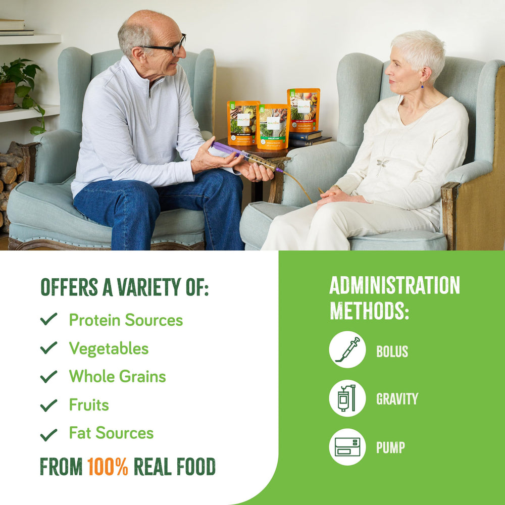 Real Food Blends nutrition label notes calories per pouch and simple ingredients