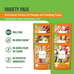 Real Food Blends ingredients label highlights turkey, sweet potato, and olive oil for blenderized meals