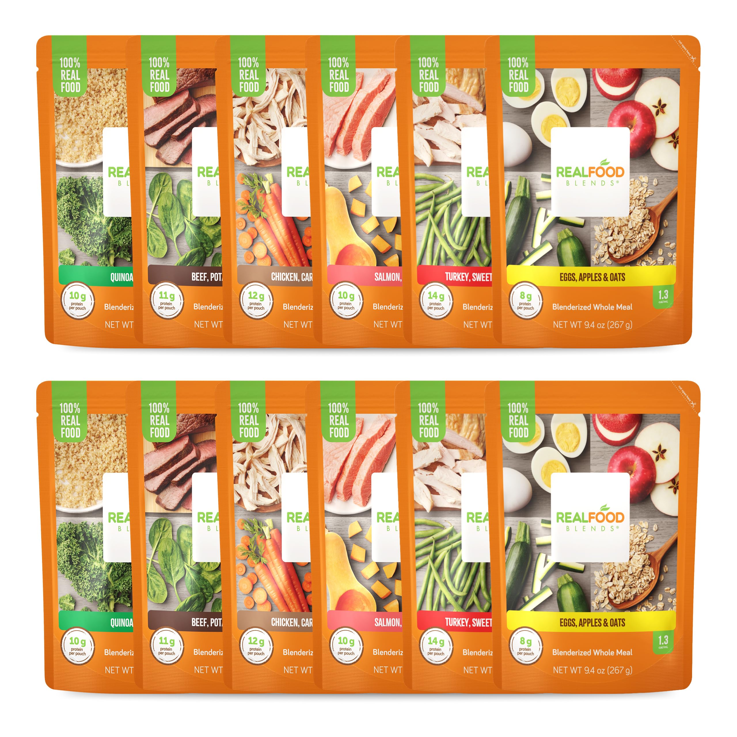 Real Food Blends Variety Pack pouch closeup shows real ingredients and puree texture for tube feeding