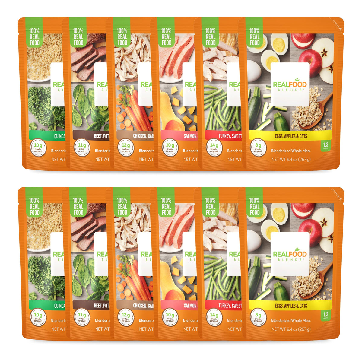 Real Food Blends Variety Pack pouch closeup shows real ingredients and puree texture for tube feeding